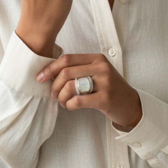 💞Dawkins White Quartz Gold Inlay Diamonds + Sterling Silver Statement Ring 6 US - Picture 9 of 11
